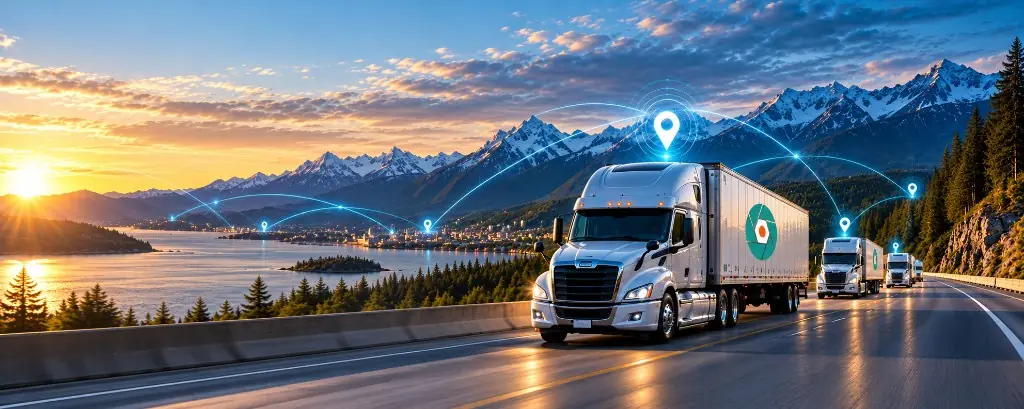 Convoy of fleet trucks on a coastal highway at sunset, with live location markers and mountains beyond the water